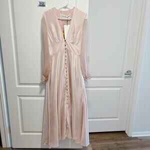 A Tentative Atelier Silk Midi Dress Sheer Sleeves Buttons Pink